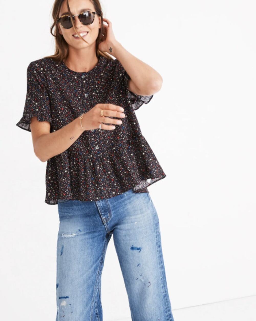 Madewell Studio Ruffle-Hem Top in Starry Night Black Star Print XXS 100% Cotton